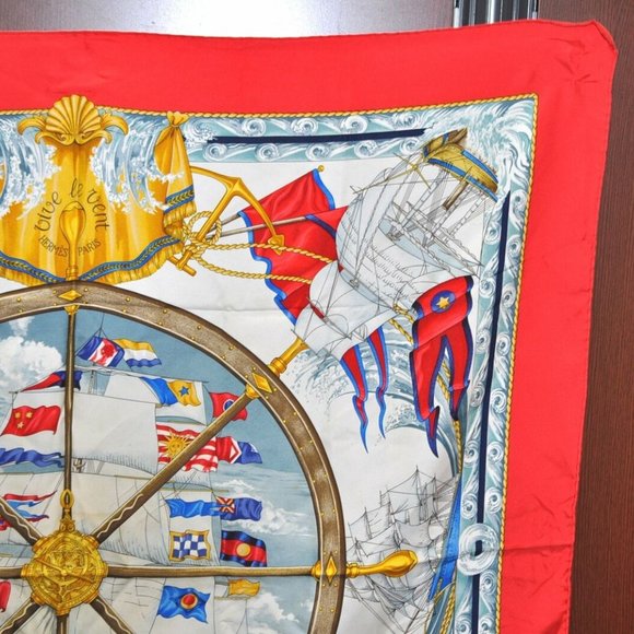 Authentic HERMES Carre 90 Scarf "Vive Le Vent" Silk Red - Picture 4 of 13